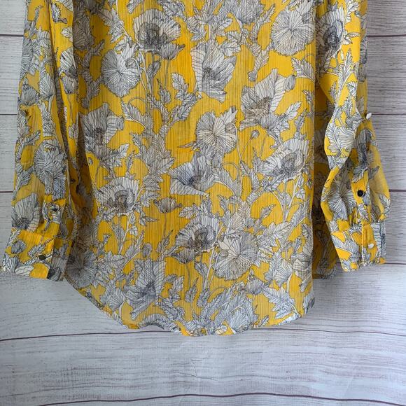 Liz Claiborne Yellow Sketch Floral Blouse Sheer Long Roll Tab Sleeves Size L - Picture 8 of 16
